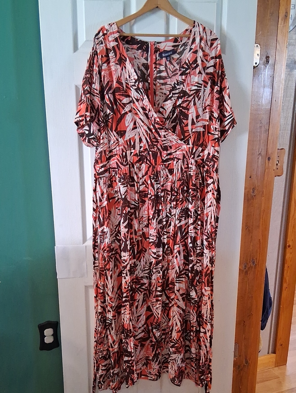 Roaman's Coral, Brown & Cream Leaf-Print Maxi Dress